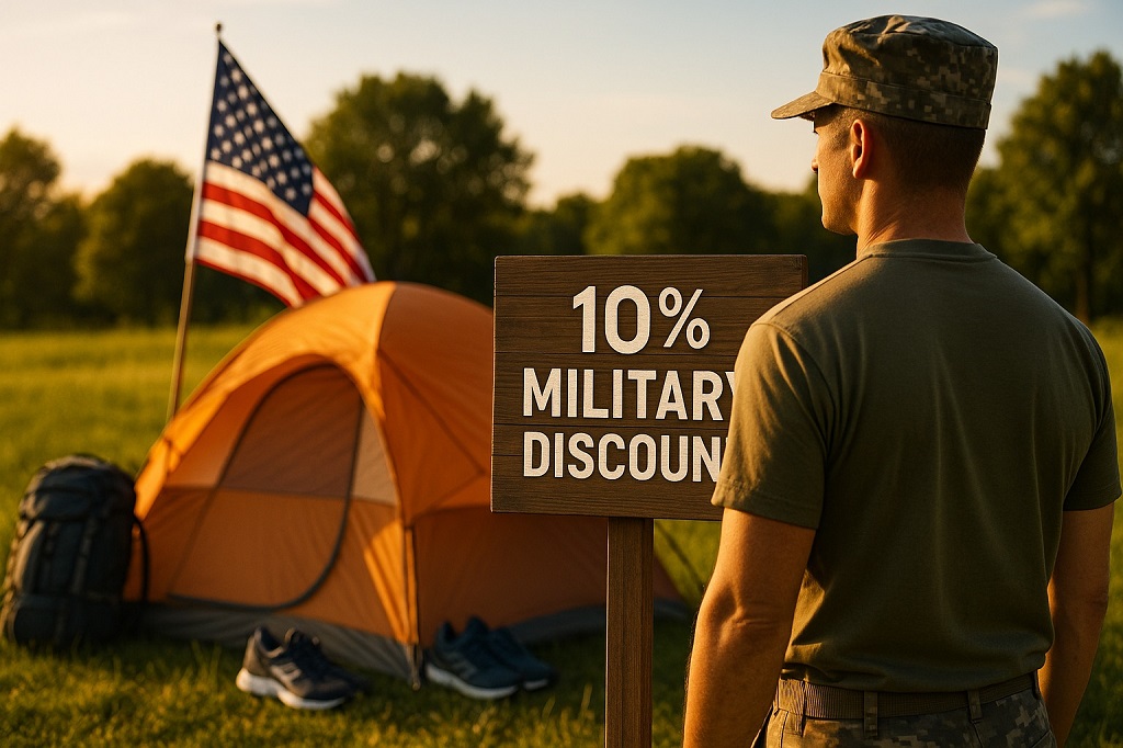 Military man reading a 10% discount sign at an outdoor store