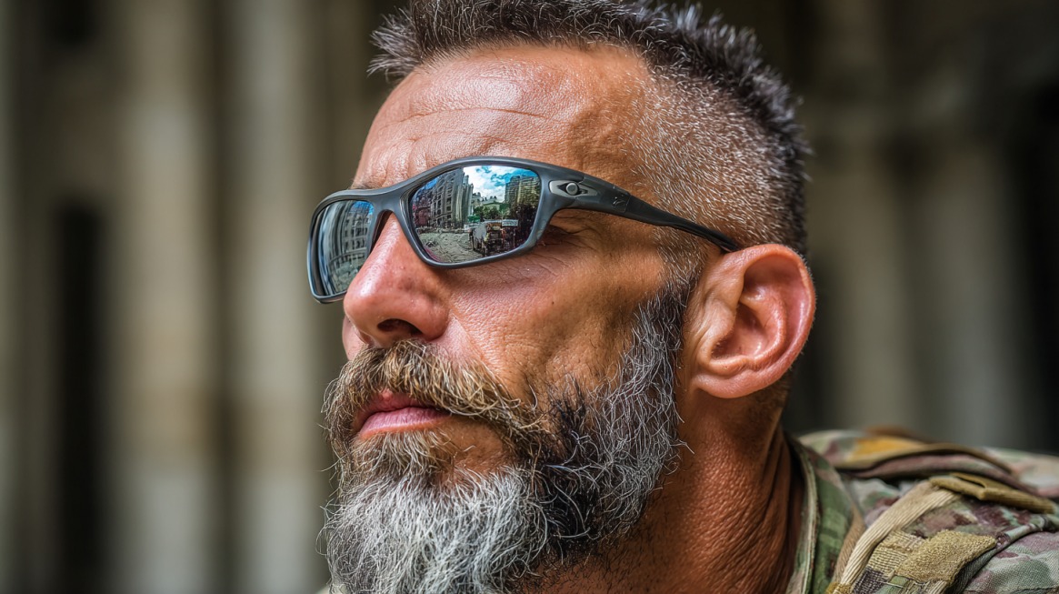 Close-up of a man in tactical gear wearing Oakley-style sunglasses with a cityscape reflected in the lenses