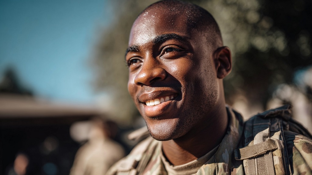 Smiling soldier in uniform, eligible for Academy Sports Military Discount