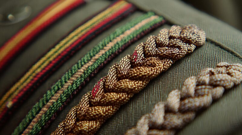 Close-up of colorful Army shoulder cords and ribbons on a uniform