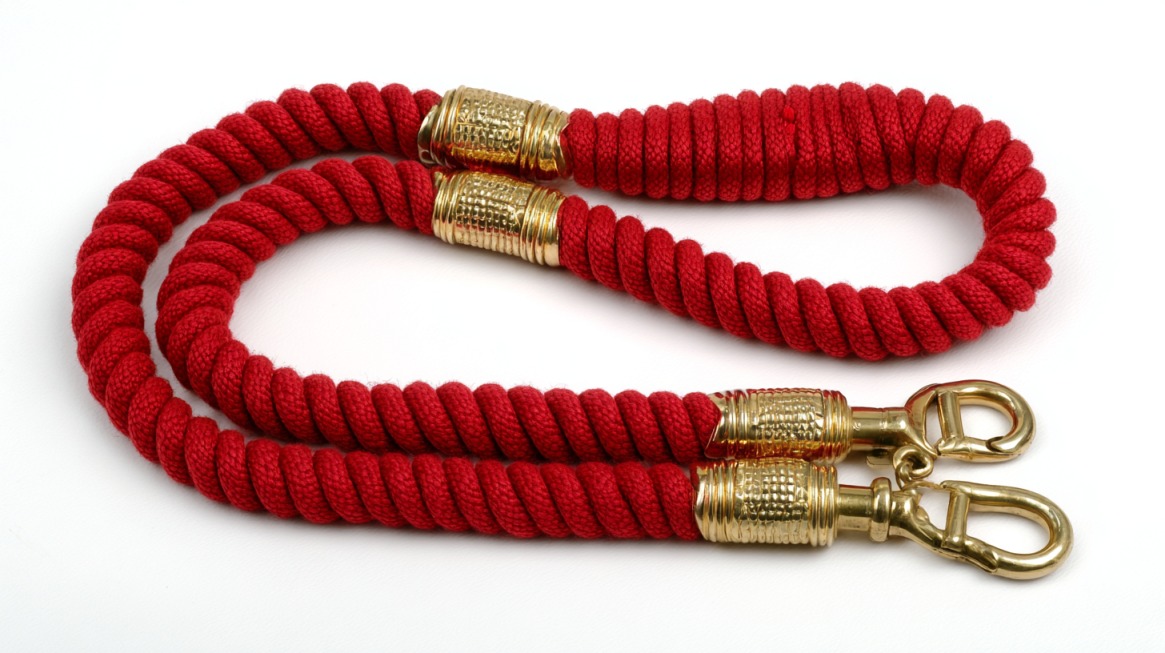 Close-up of a red braided Army shoulder cord with gold clasps
