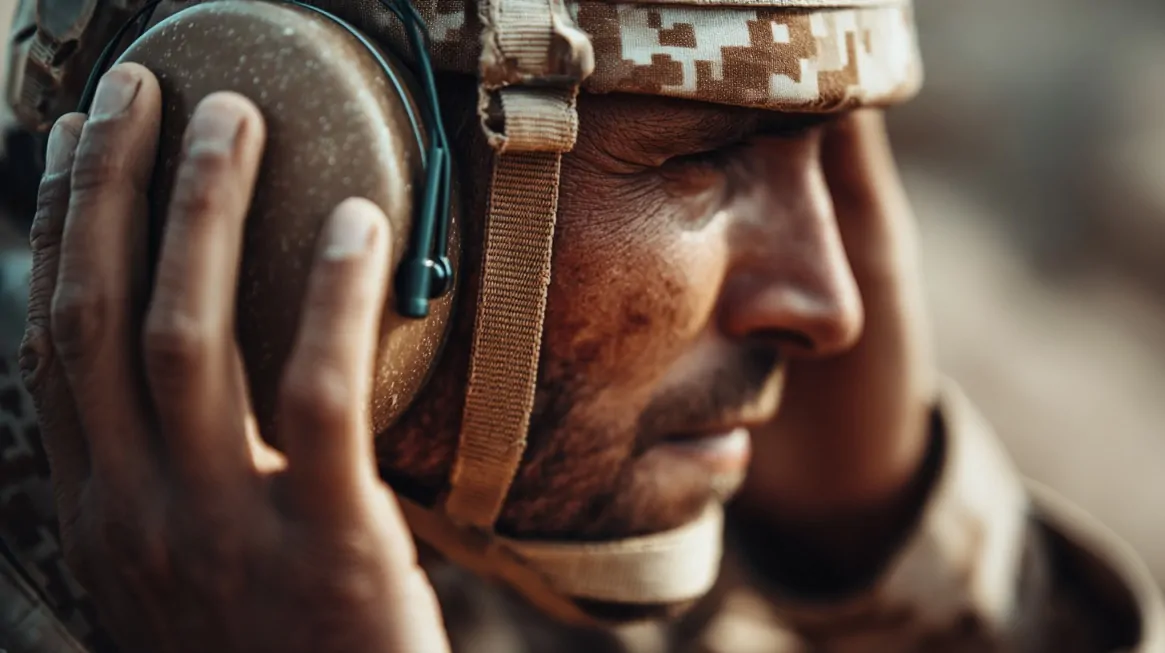 Close-up of a military service member in desert camouflage holding communication headphones tightly against his ears, symbolizing listening and focus