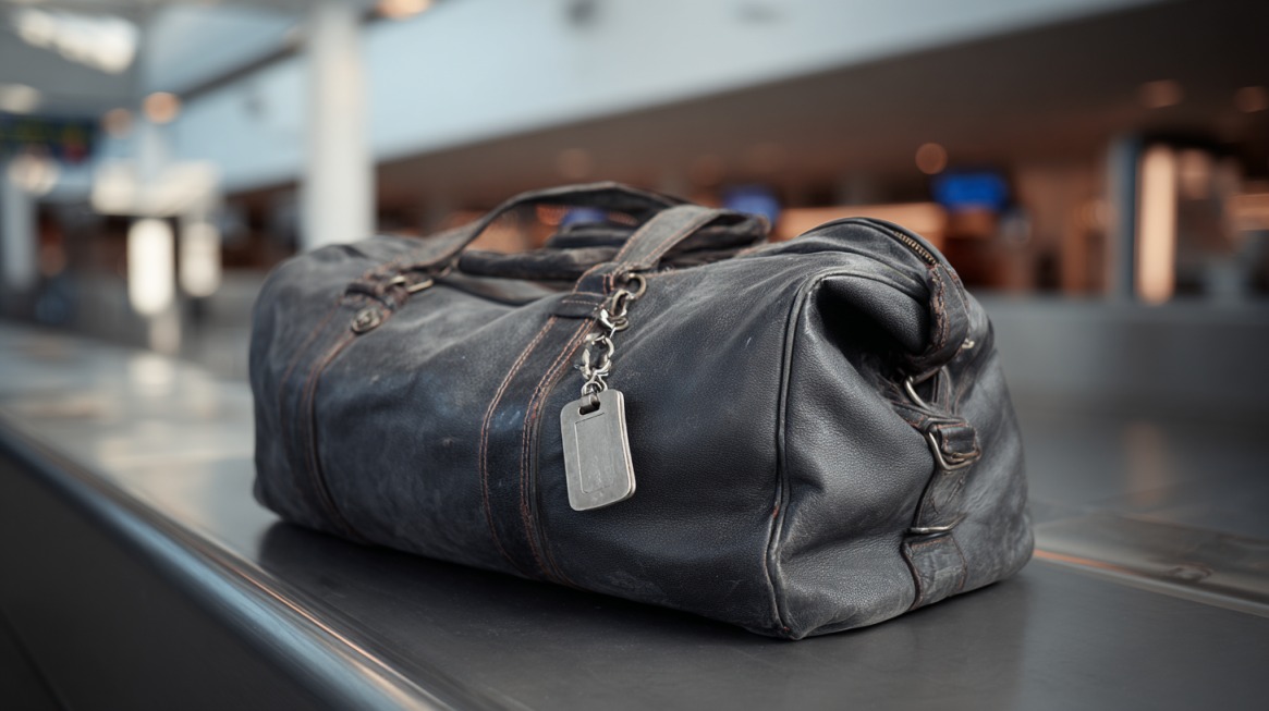 A black leather duffel bag with a metal luggage tag resting on an airport baggage claim belt