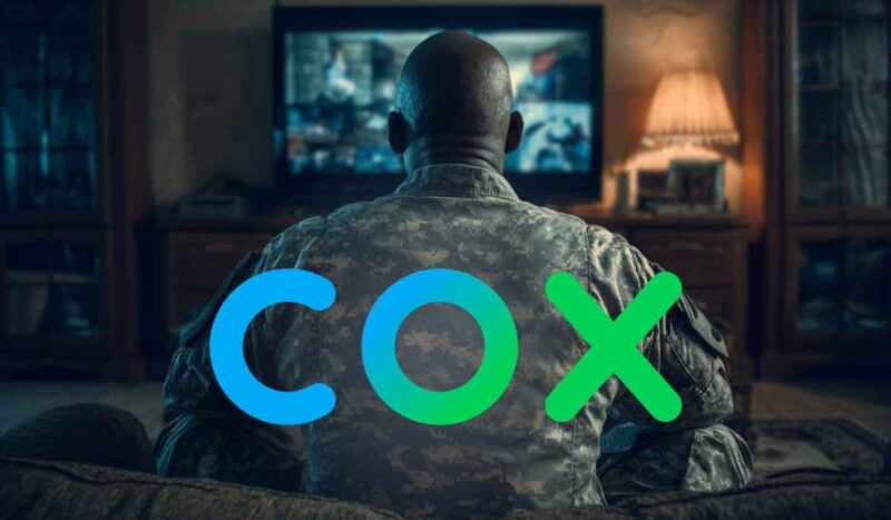 A U.S. service member in camouflage uniform sits on a couch watching TV at home. The Cox Communications logo is overlaid on the image, representing the company’s military discount program