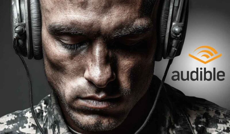 A close-up of a military service member in camouflage, wearing large headphones, with the Audible logo on the right side of the image