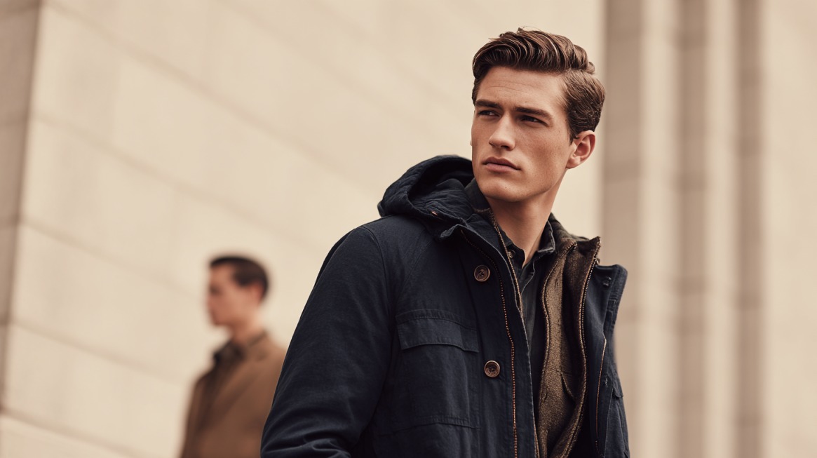 Man in stylish layered jacket looking away, with another person blurred in the background