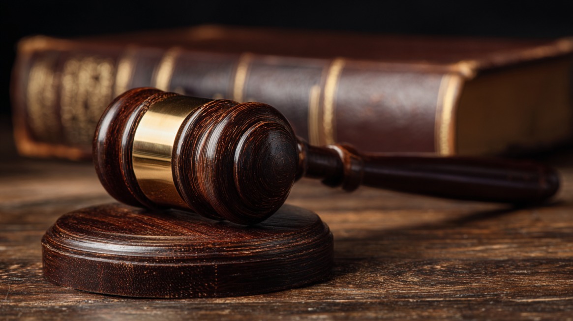 Close-up of a wooden judge’s gavel resting on a sound block with a law book in the background