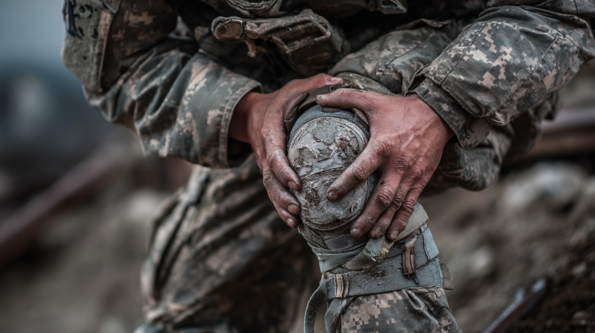 Close-up of a soldier in camouflage uniform holding a knee brace over a dusty, injured knee