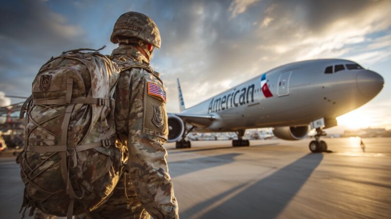 U.S. soldier in camouflage uniform and backpack walking toward an American Airlines aircraft at sunrise