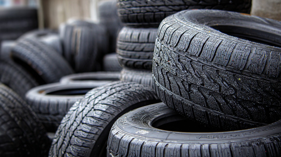 Stack of new black car tires with visible tread patterns