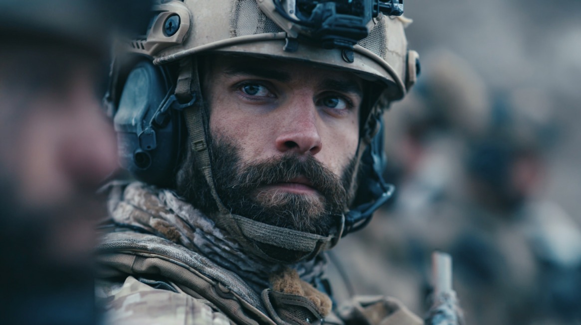 Close-up of a soldier in tactical gear and helmet, looking ahead with determination