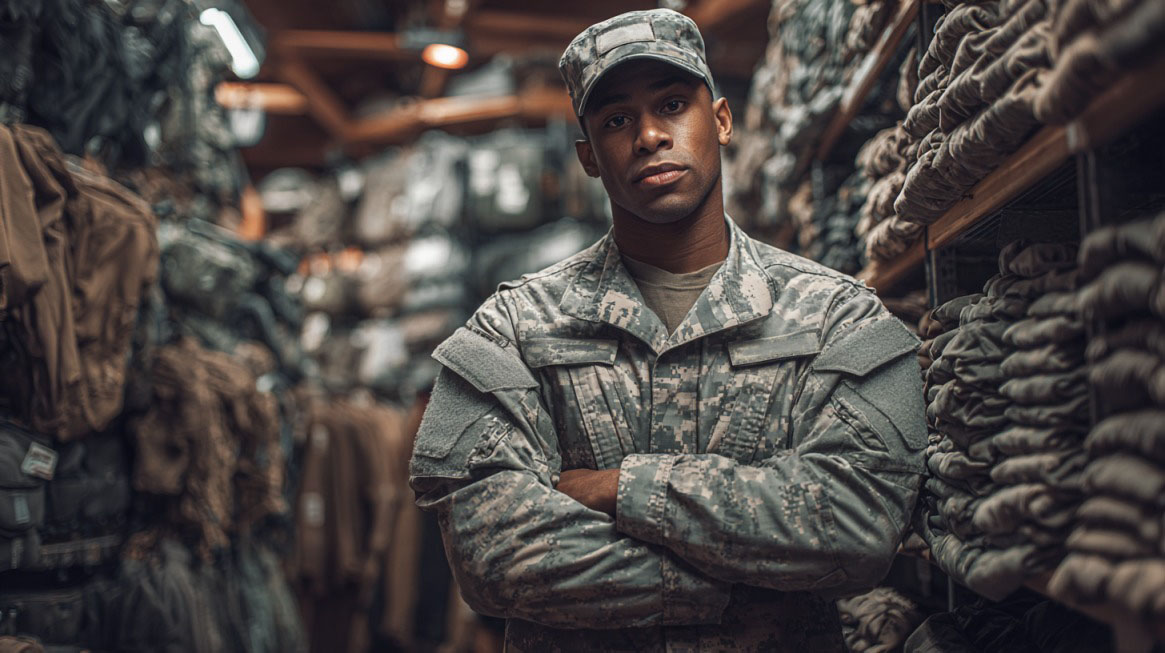 A military service member in uniform stands confidently in a store aisle filled with neatly stacked clothing, representing BJ’s Wholesale military discount program and how service members can redeem it