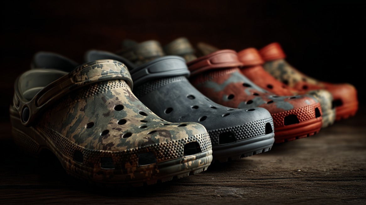 A row of camouflage and solid-colored Crocs clogs arranged on a wooden surface