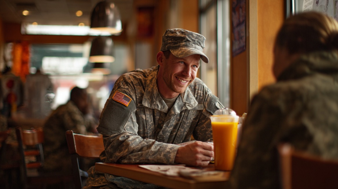 A smiling U.S. service member in uniform enjoys a meal and orange juice inside a restaurant, representing IHOP’s Veterans Day free meal offer for veterans and military personnel