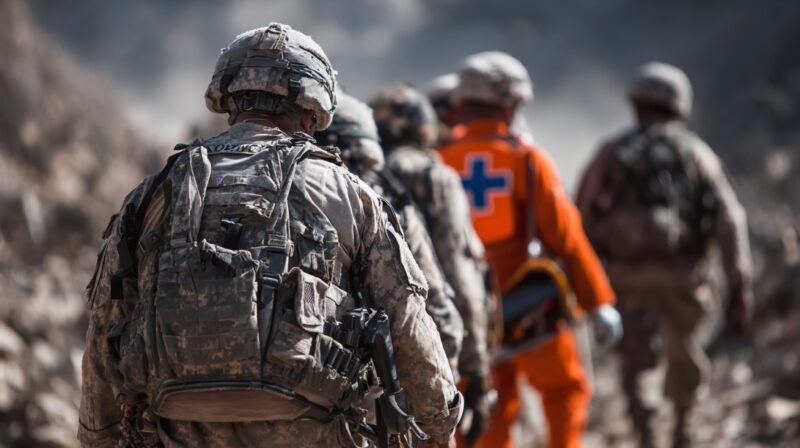 Group of soldiers in camouflage and a medic in bright orange gear with a blue cross walking through rocky terrain