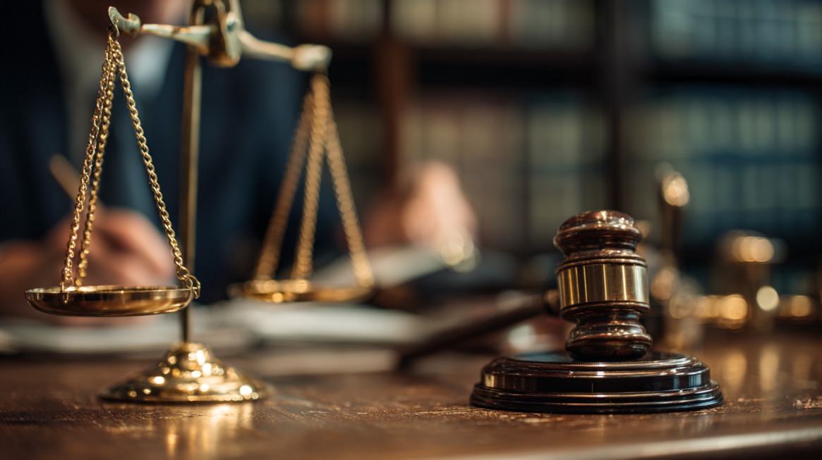 Close-up of a wooden judge’s gavel and golden scales of justice on a desk in a courtroom or law office