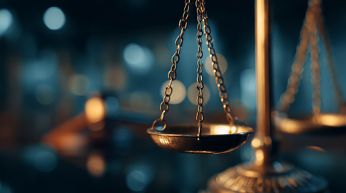 Close-up of golden scales of justice with blurred courtroom gavel in the background