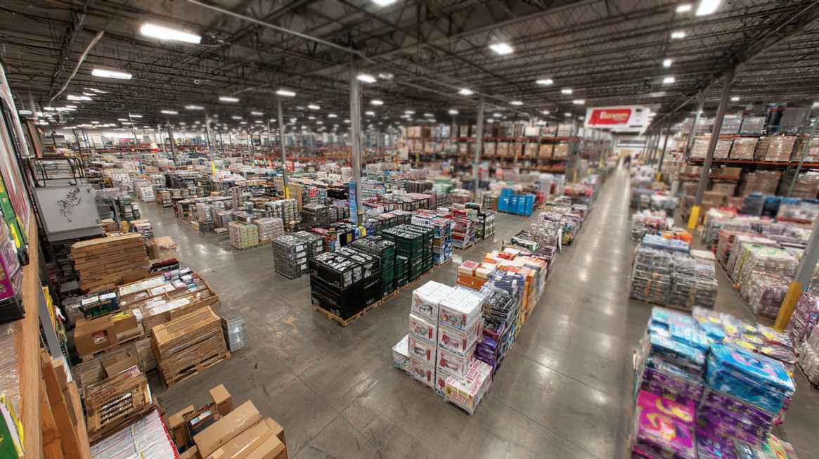 Wide view of a BJ’s Wholesale warehouse filled with bulk items stacked on pallets, symbolizing the large-scale savings available through military membership benefits