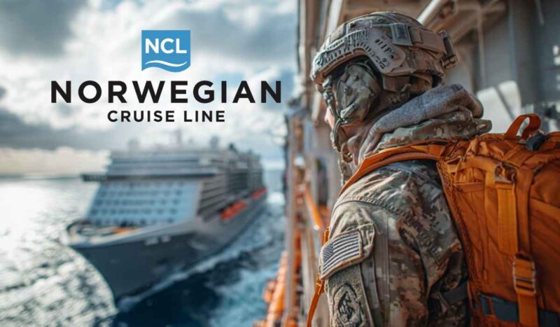 Soldier in camouflage and helmet with an orange backpack looking at a cruise ship, with the Norwegian Cruise Line logo overlaid