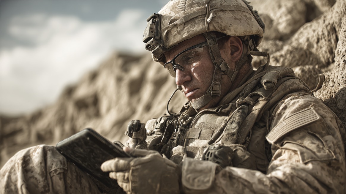A U.S. military service member in desert camouflage and protective gear sits against a rocky background, looking at a handheld device