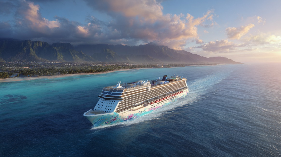 Large cruise ship sailing near a tropical island with mountains in the background