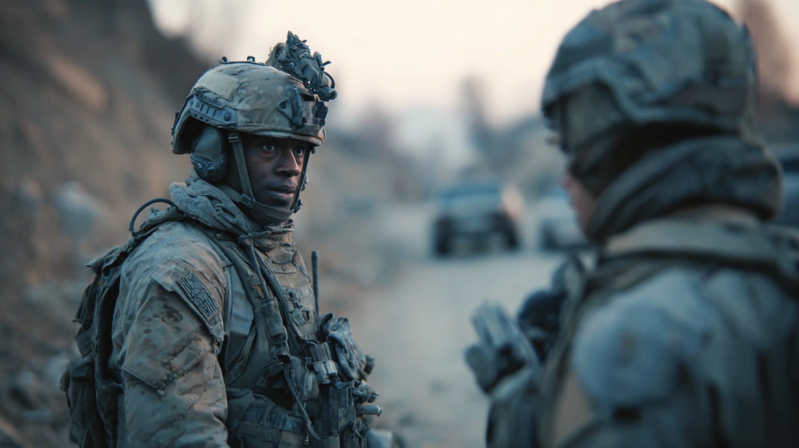 Two soldiers in combat gear on a dirt road, one looking directly ahead while the other listens