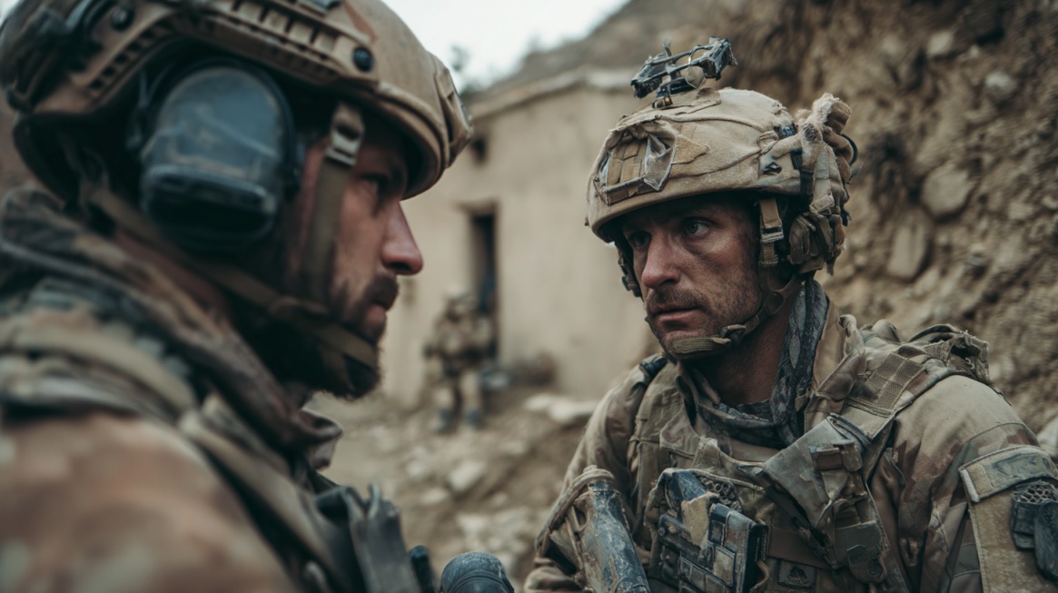 Two soldiers in full combat gear having an intense conversation in a rugged environment