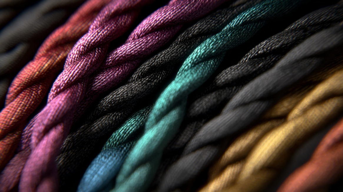 Close-up of braided cords in multiple colors including red, purple, black, teal, and gold