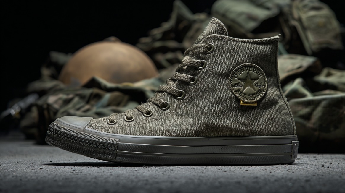 Olive green Converse high-top sneaker with military gear in the background