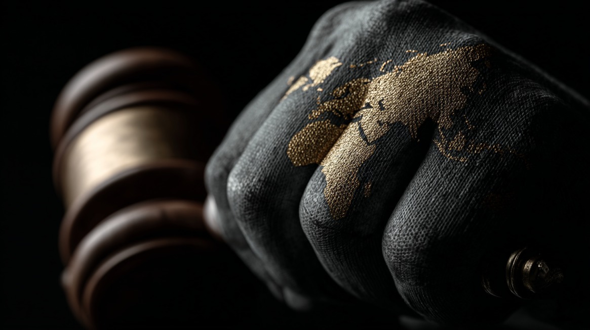 Close-up of a fist painted with a golden world map, with a judge’s gavel in the background symbolizing global justice