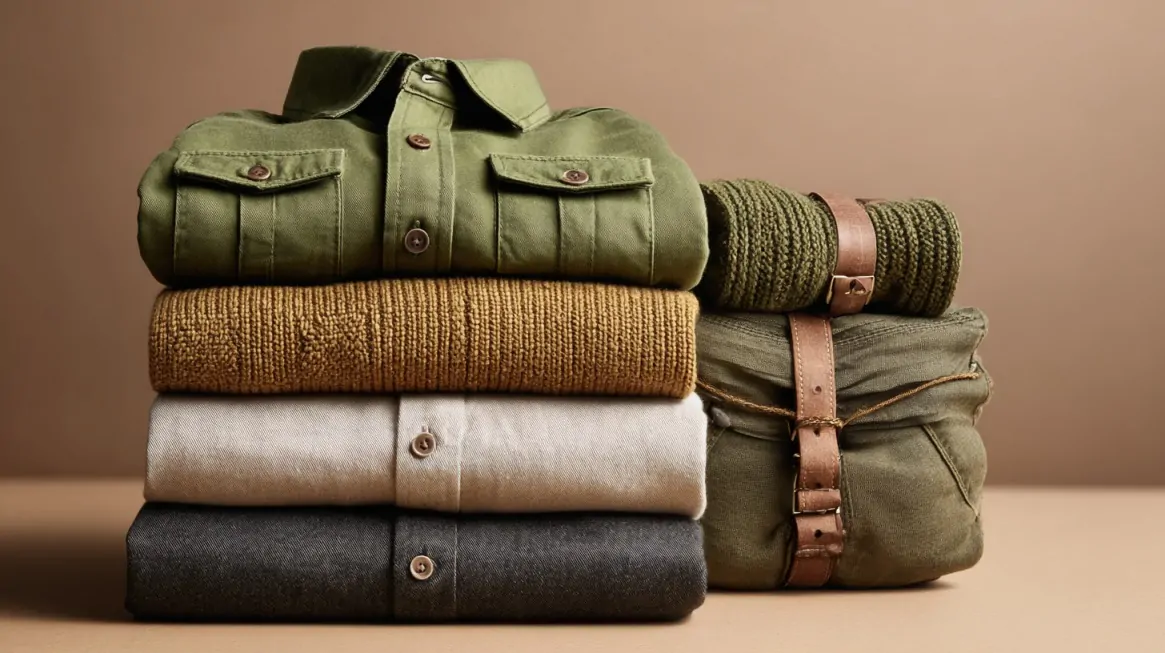Stack of neatly folded shirts and sweaters in earthy tones, next to rolled garments tied with leather straps