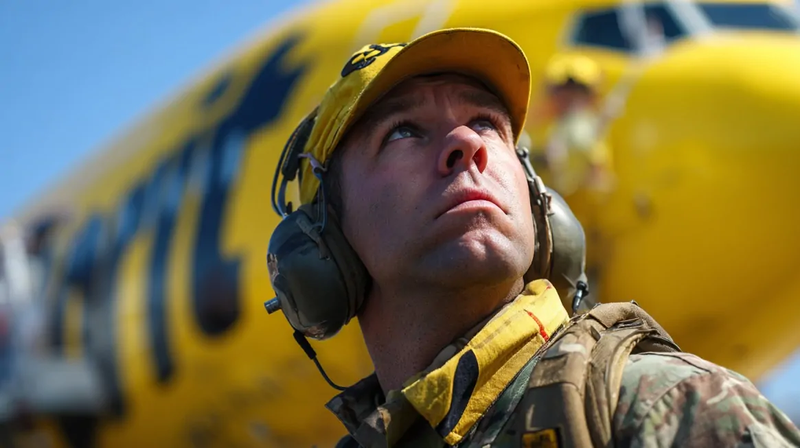 A military service member in uniform and headphones stands in front of a bright yellow Spirit Airlines plane, looking upward