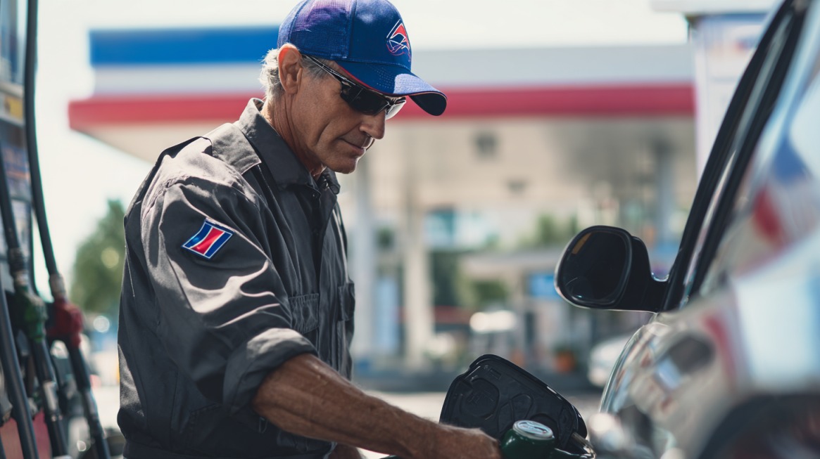 Man in uniform and cap refueling a car at a gas station, wearing sunglasses