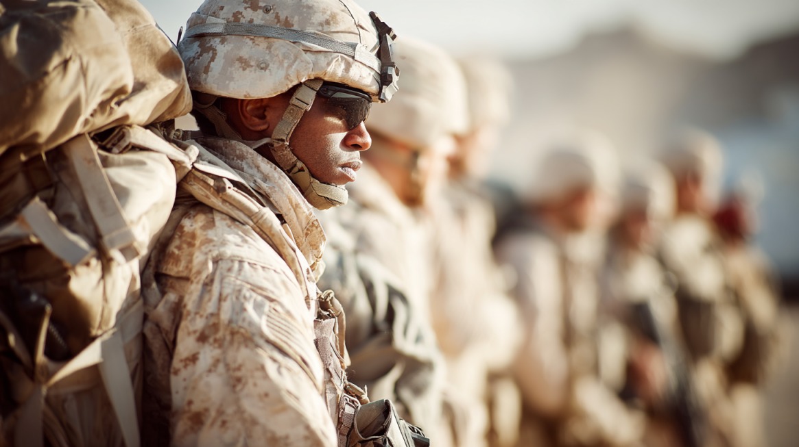 Close-up of a U.S. military service member in desert camouflage and sunglasses, standing in formation with fellow soldiers