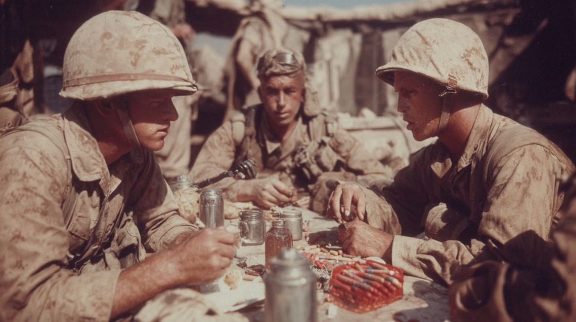 Group of Marines in uniform taking a break and eating together, with supplies on the table