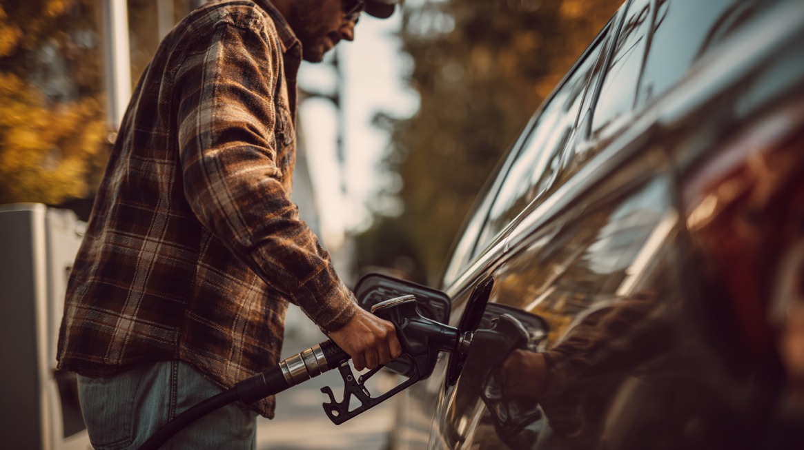 Man in a plaid shirt refueling a car at a gas pump, close-up of the fueling process