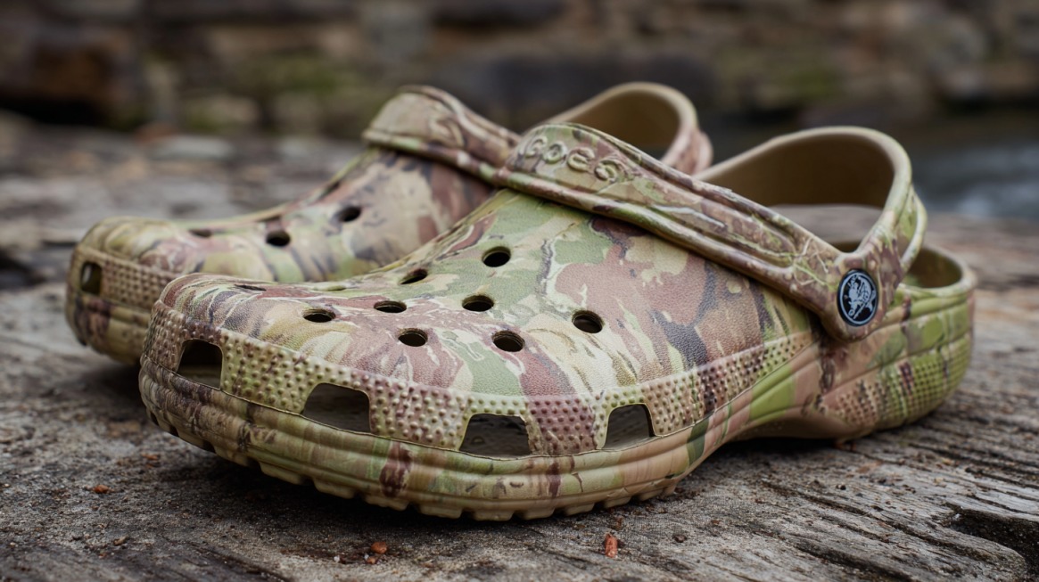 Camouflage-pattern Crocs clogs resting on a wooden surface outdoors