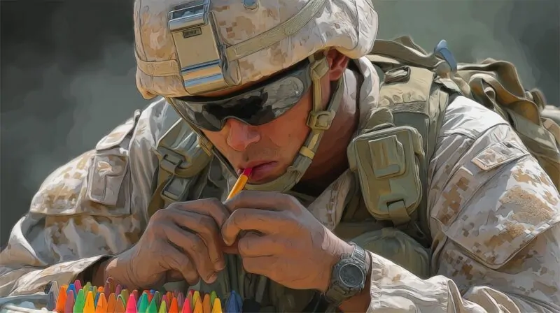 Illustrated soldier in uniform biting into a crayon with a box of colorful crayons in front of him