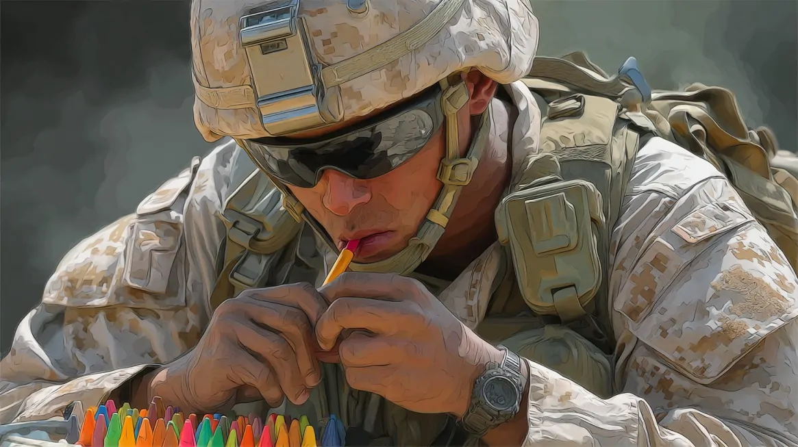 Illustrated soldier in uniform biting into a crayon with a box of colorful crayons in front of him