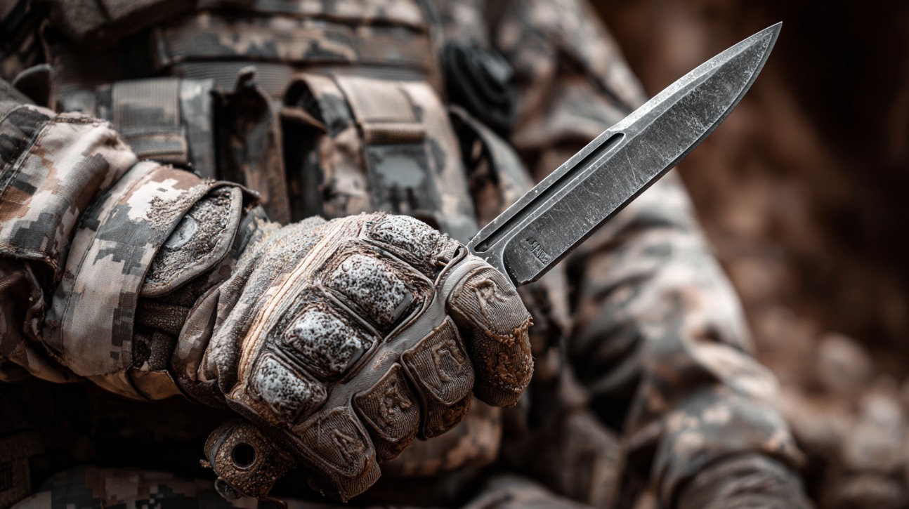 Close-up of a gloved soldier holding a combat knife with a worn blade in military uniform