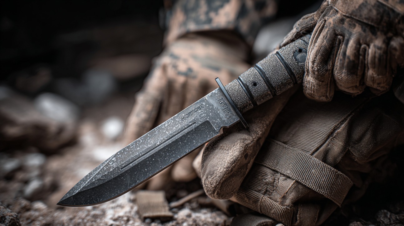Close-up of a combat knife with a textured handle held by gloved hands in military gear