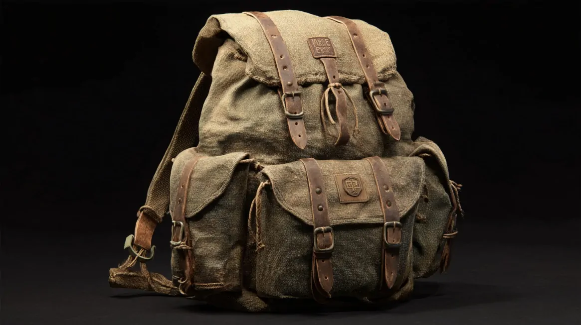A rugged military backpack with leather straps and multiple compartments against a dark background