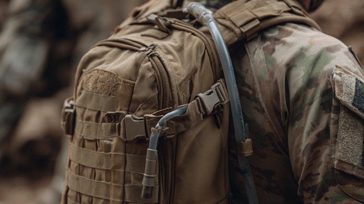 Close-up of a soldier wearing a tan tactical hydration backpack with a drinking tube attached