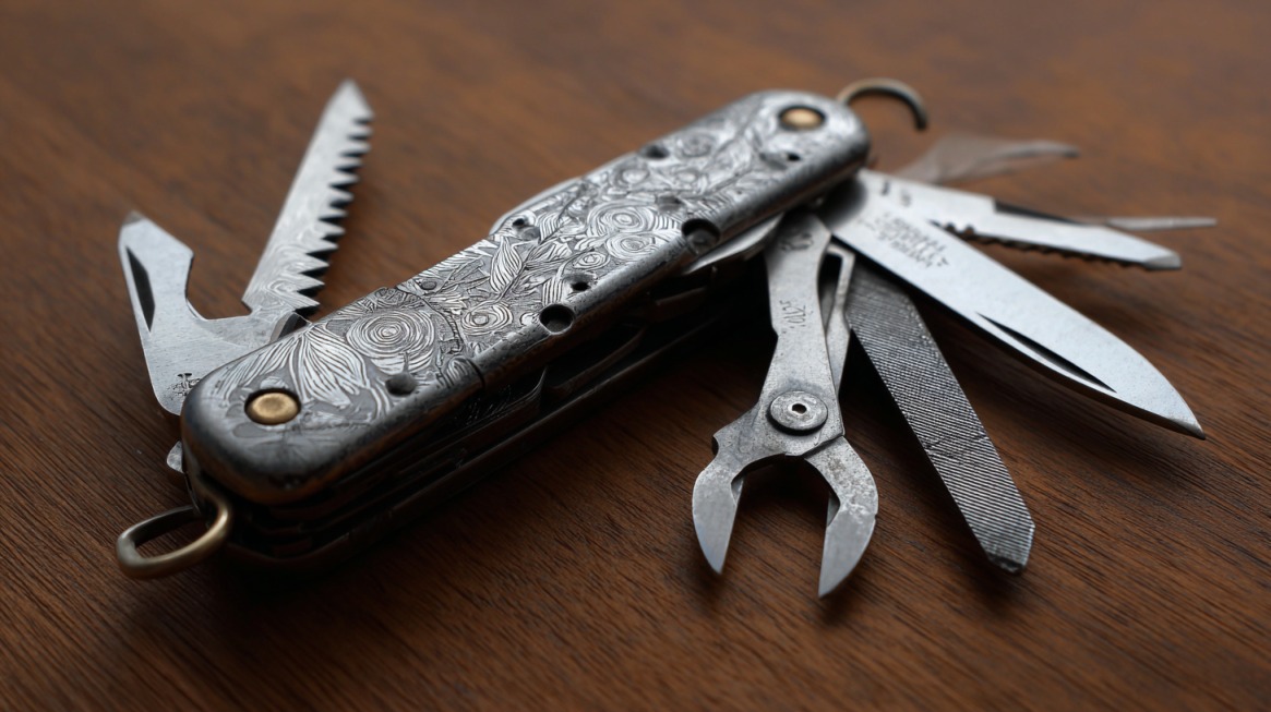 Close-up of a multi-tool with various blades and tools extended on a wooden surface