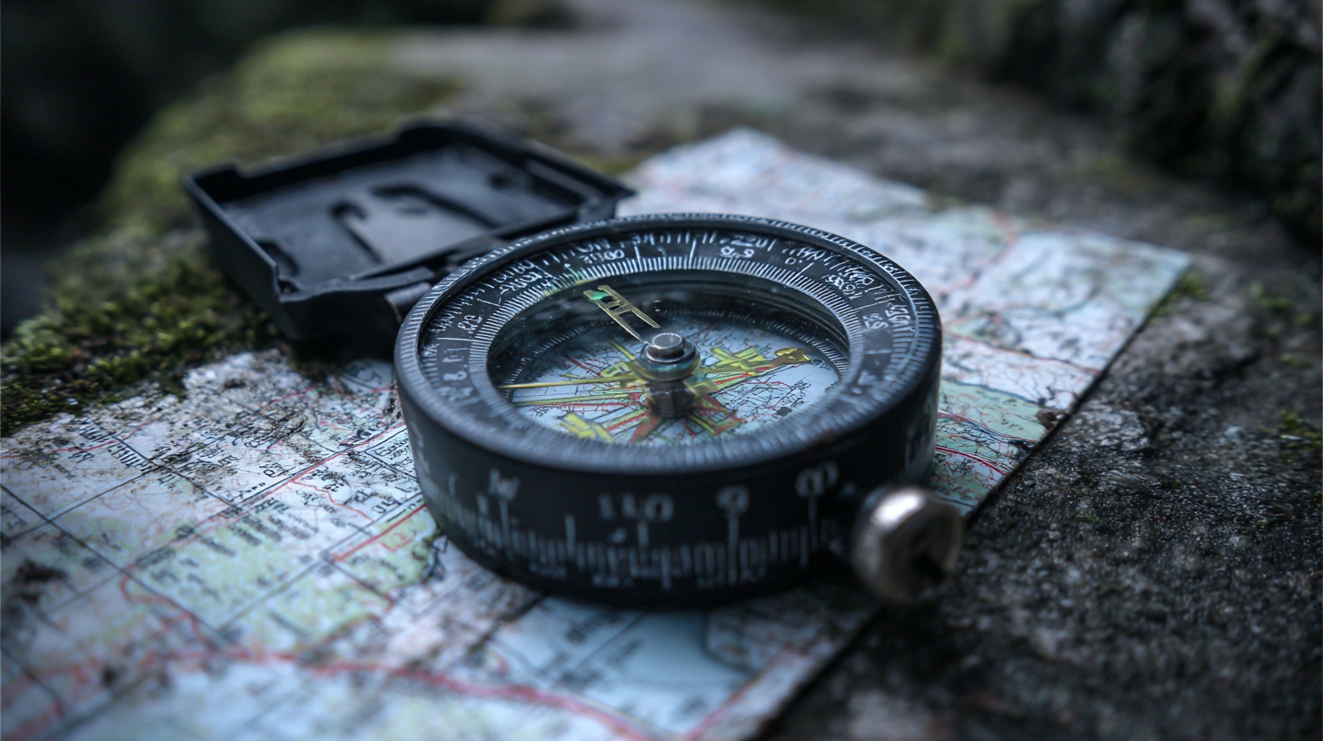 Close-up of a black compass placed on a detailed map outdoors