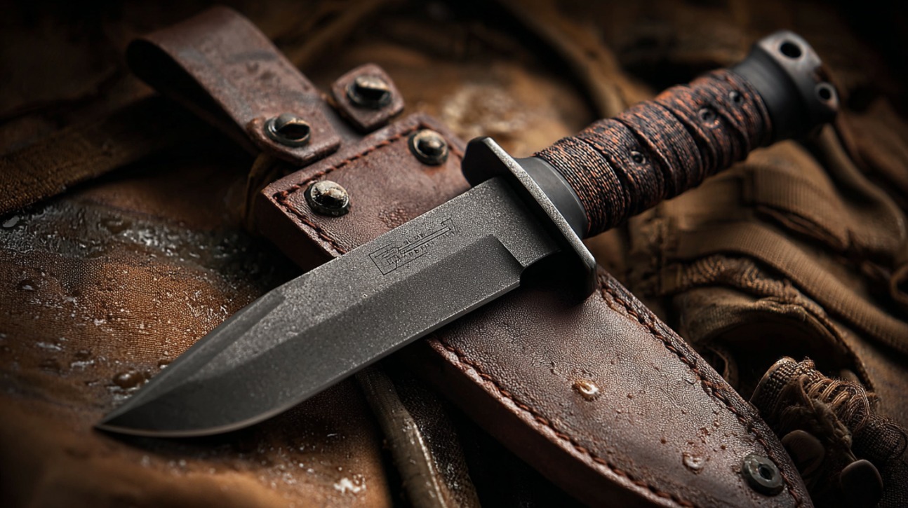Close-up of a military combat knife with a textured handle placed on a wet leather sheath