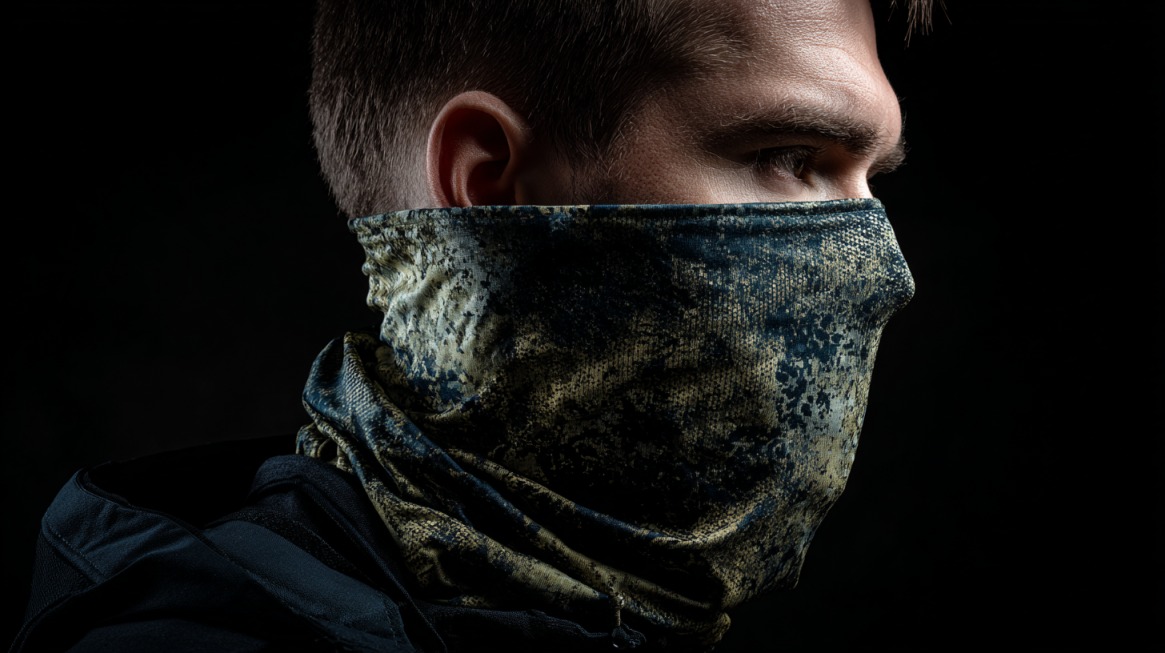 Man wearing a camouflage tactical face covering in low light