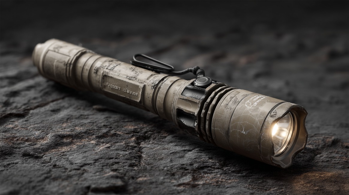 Close-up of a rugged tactical military flashlight resting on a rocky surface