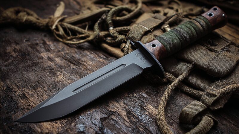 Close-up of a military-grade combat knife with a green-wrapped handle and sharp blade on a wooden surface