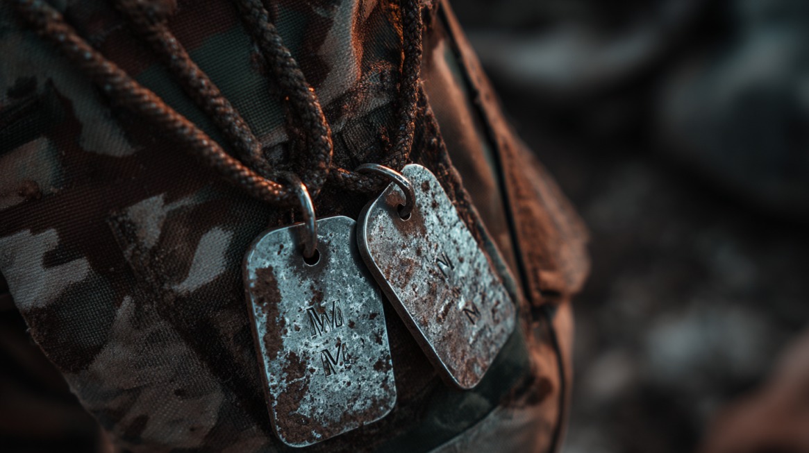 Close-up of two worn metal dog tags hanging from a cord on a camouflage uniform